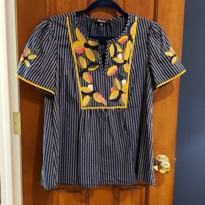 Navy embroidered cotton blouse